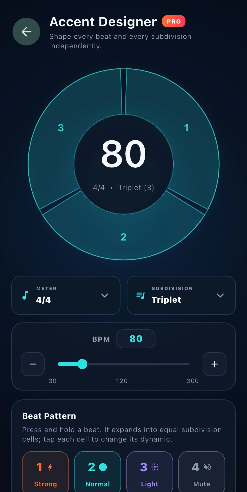 METRIO Accent Designer screen showing beat dynamics and triplet subdivision