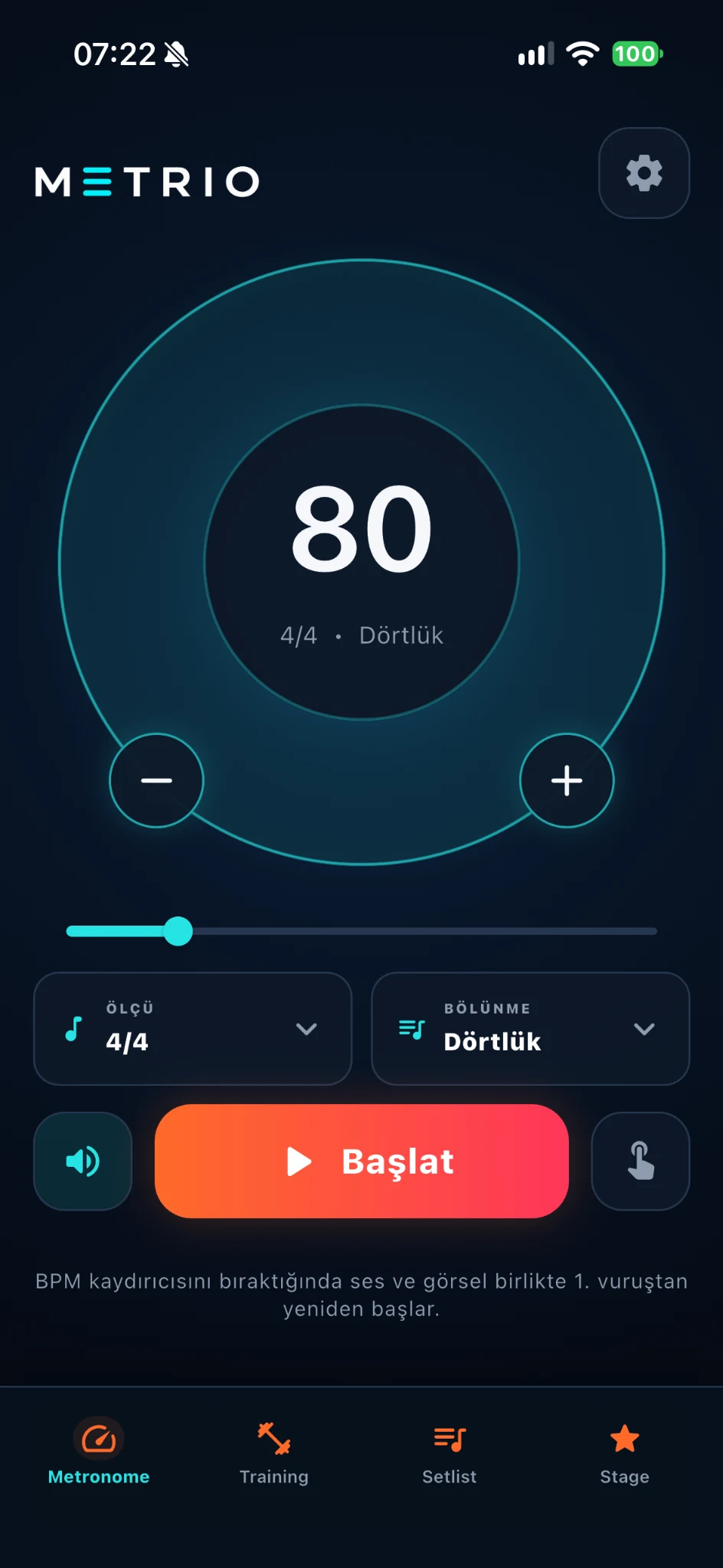 METRIO temel metronom arayüzü Türkçe