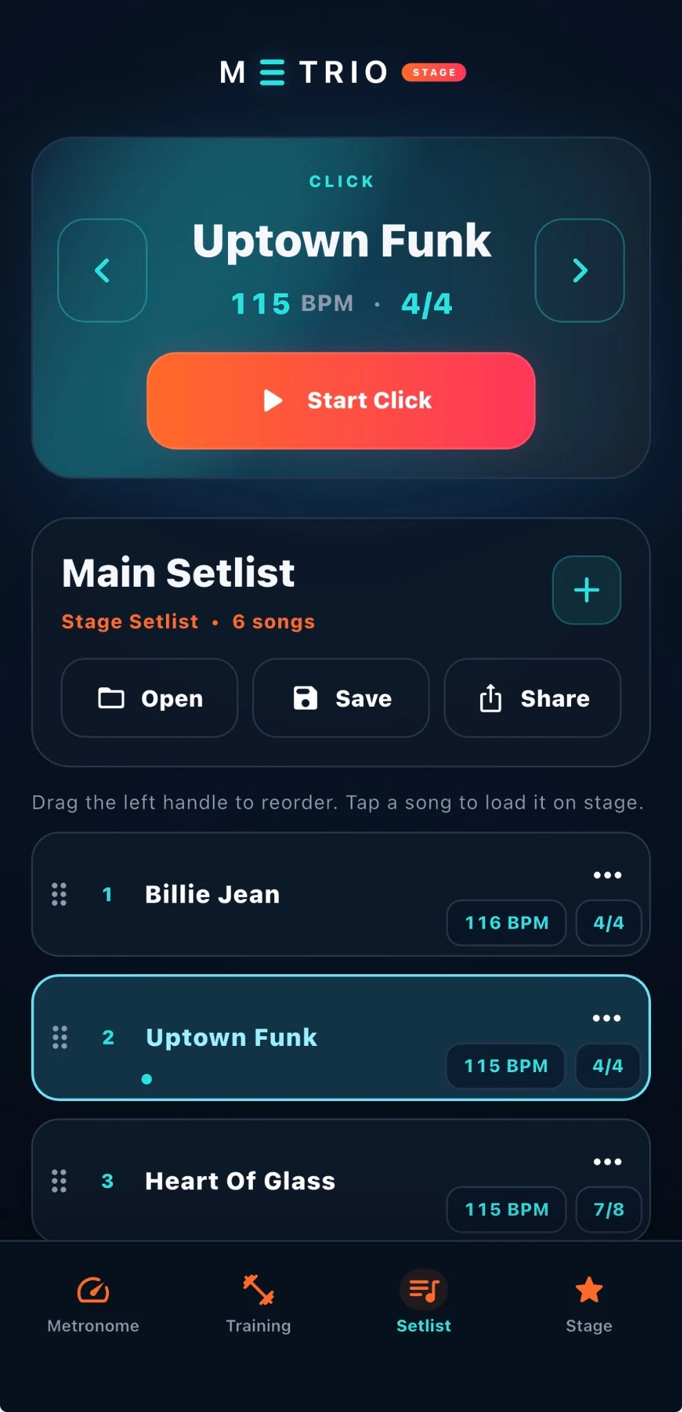 METRIO Setlist screen showing Main Setlist and multiple songs with BPM and meter