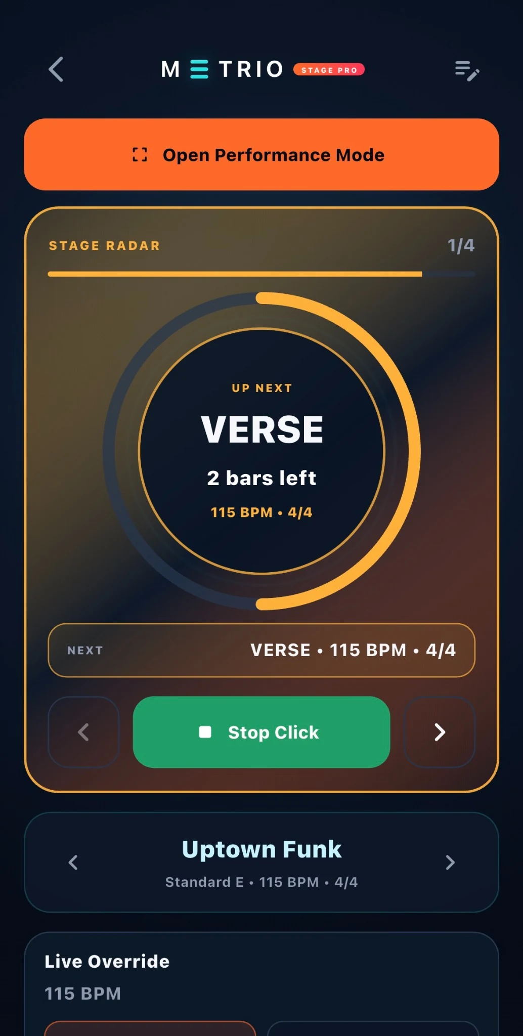 METRIO Stage Radar screen showing upcoming Verse section, bars left and Live Override