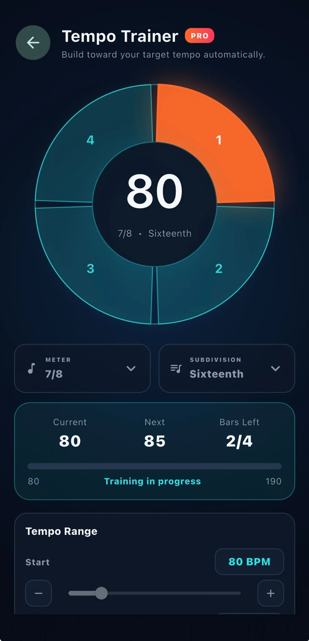 METRIO Tempo Trainer screen at 80 BPM in 7/8 with sixteenth-note subdivision