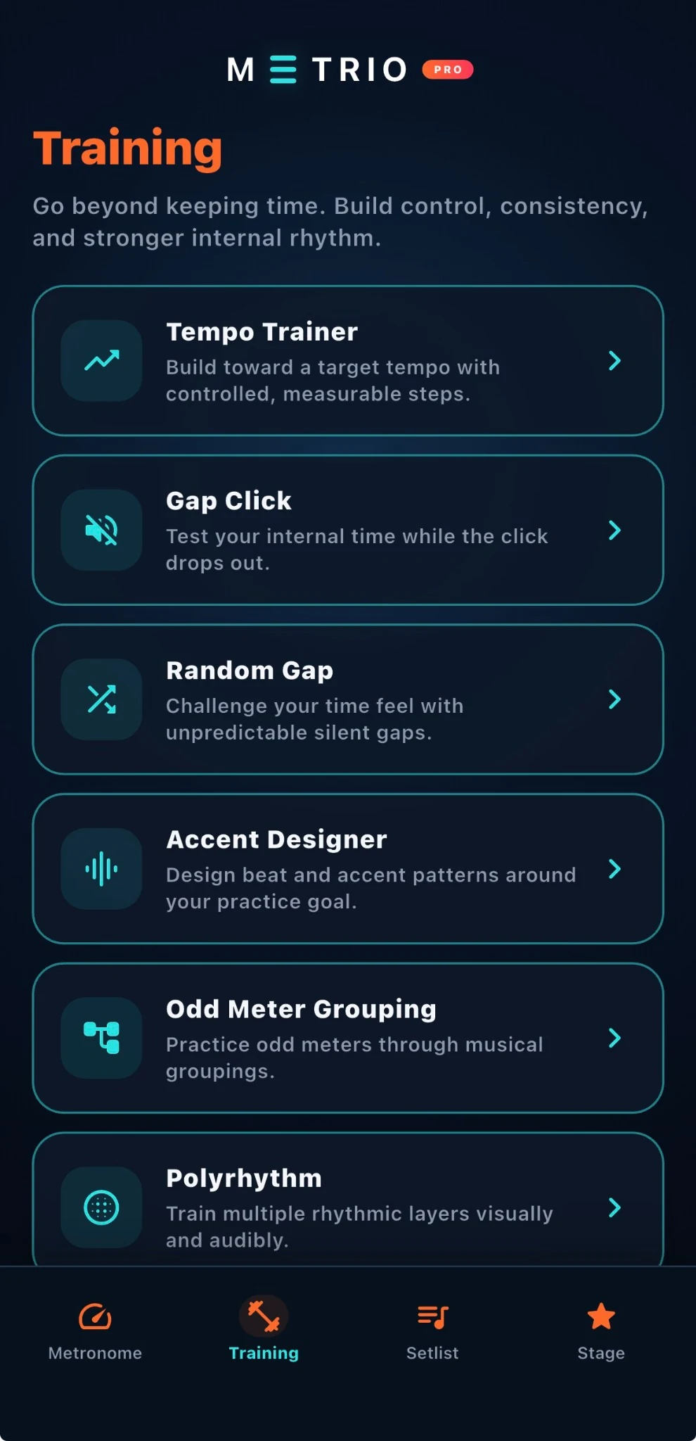 METRIO Training screen showing Tempo Trainer, Gap Click, Random Gap, Accent Designer, Odd Meter Grouping and Polyrhythm